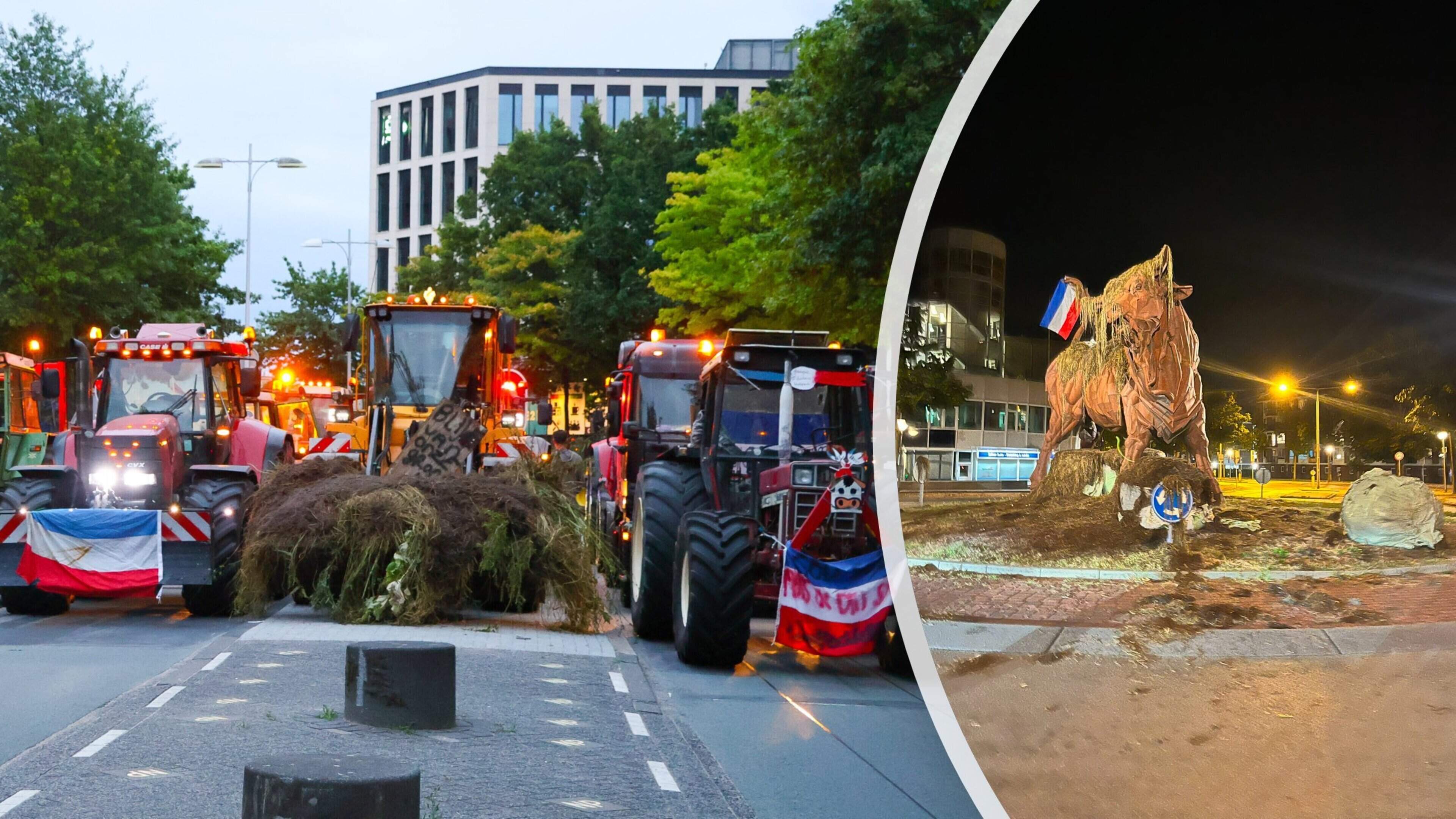 Boeren in Amersfoort gooien bij protest op meerdere plekken hooibalen op de stoep